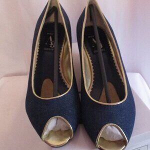AJ Valenci Shoes Size 12 Denim Wedge Peep Toe Pumps Gold Trim Comfort